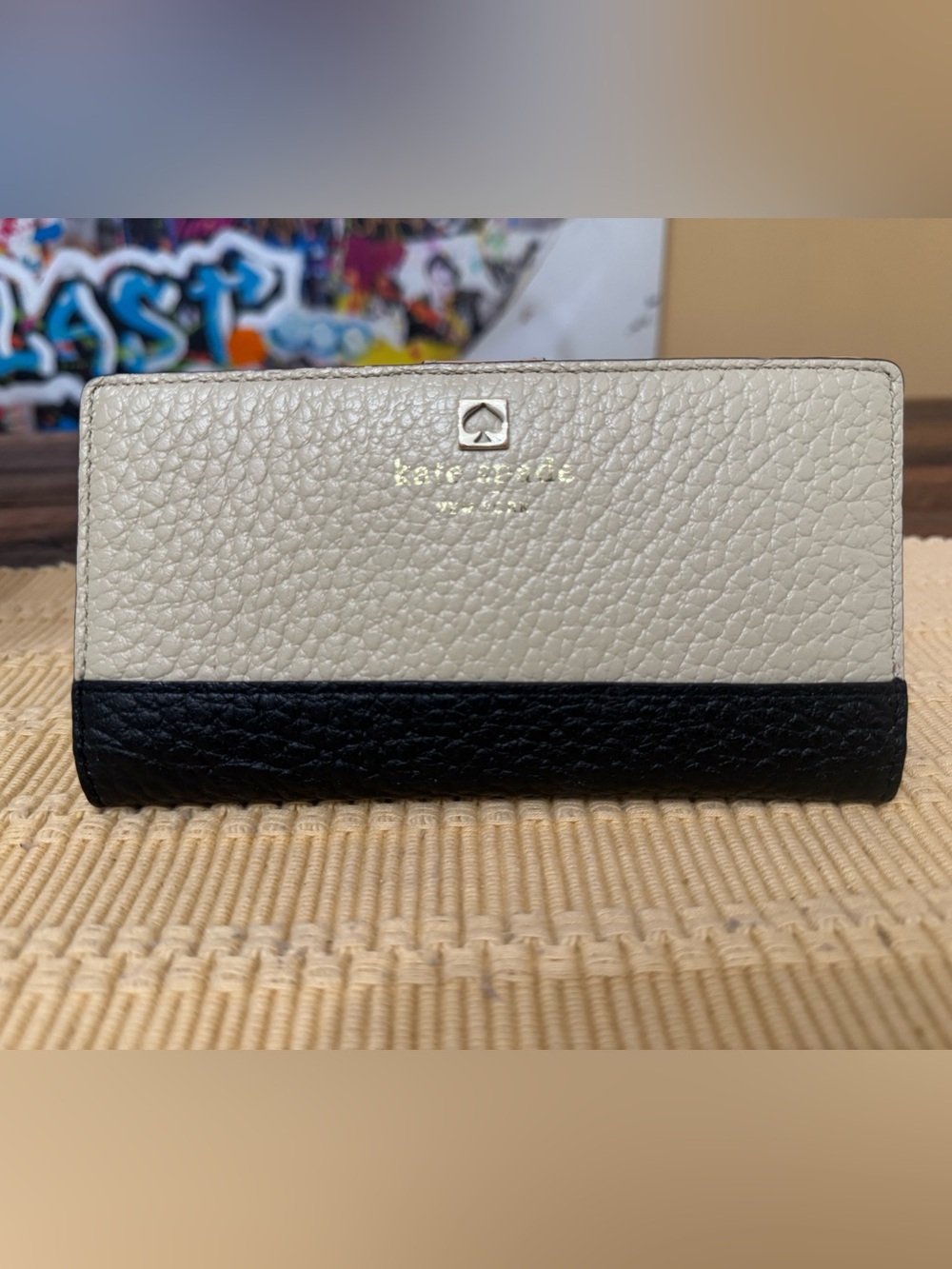 kate spade Two-Tone Cream and Black Pebbled Leather Wallet